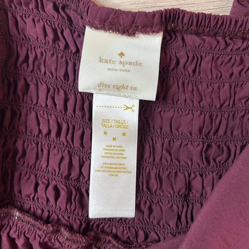 Kate Spade Dive Right In Smocked Tie Shoulder Romper Burgundy Medium‎